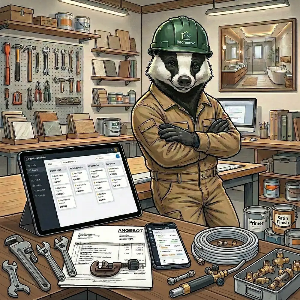 Badrenovo Handwerker-Maskottchen in der Werkstatt mit Tablet und Angebot